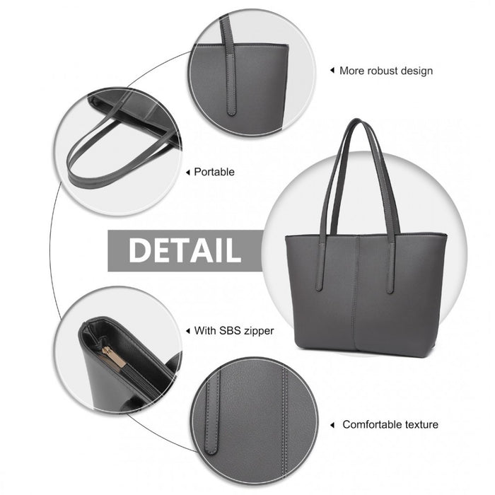 Lg2062 - Miss Lulu Leather Look Simple Casual Tote Bag - Grey - Image 6