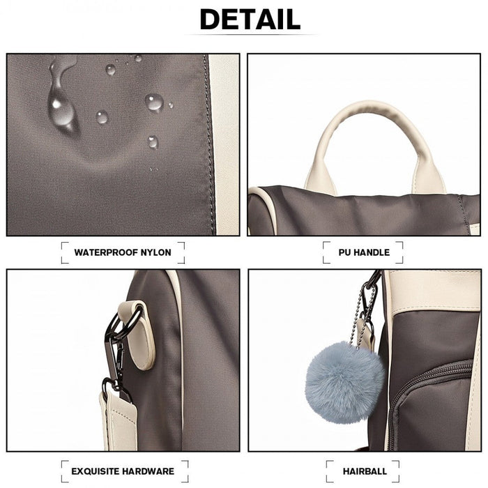 Lg6917 - Miss Lulu Two Way Anti-theft Backpack With Pom Pom Pendant - Grey