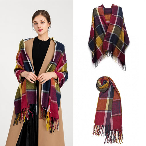 S6430 - Women Fashion Long Shawl Grid Tassel Winter Warm Lattice Large Scarf - Purple - Image 1