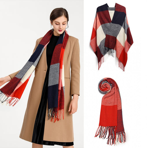 S6430 - Women Fashion Long Shawl Grid Tassel Winter Warm Lattice Large Scarf - Red - Image 1