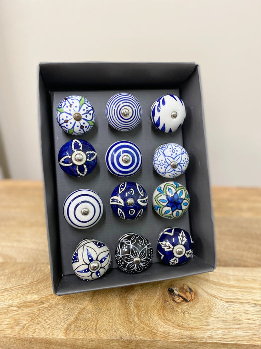 Set Of 12 Ceramic Blue Round Knobs