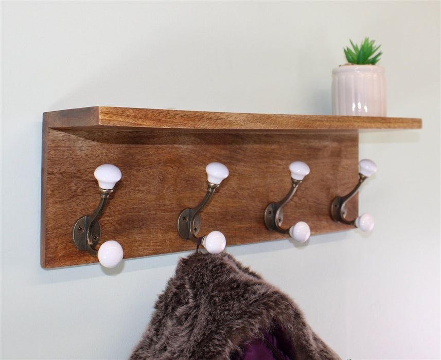 Set of 4 White Ceramic Double Coat Hooks On Wooden Base With Shelf