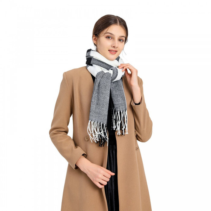S6430 - Women Fashion Long Shawl Grid Tassel Winter Warm Lattice Large Scarf - Black