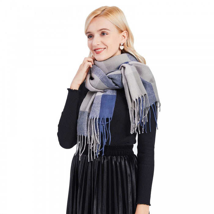 S6430 - Women Fashion Long Shawl Grid Tassel Winter Warm Lattice Large Scarf - Grey