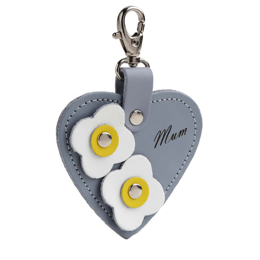 Love heart bag charm - with 'Mum' engraving and flower appliques - Lilac Grey-0