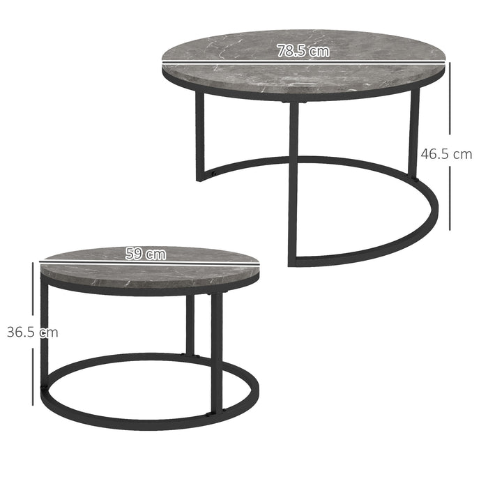 HOMCOM Industrial Nesting Coffee Table Set of 2, Round Coffee Tables, Living Room Table with Faux Marbled Top and Steel Frame