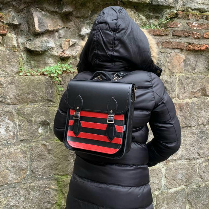 Handmade Leather City Backpack - Gothic Striped Red & Black-3