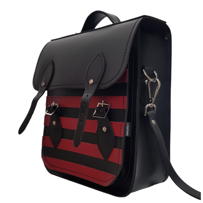 Handmade Leather City Backpack - Gothic Striped Red & Black-1