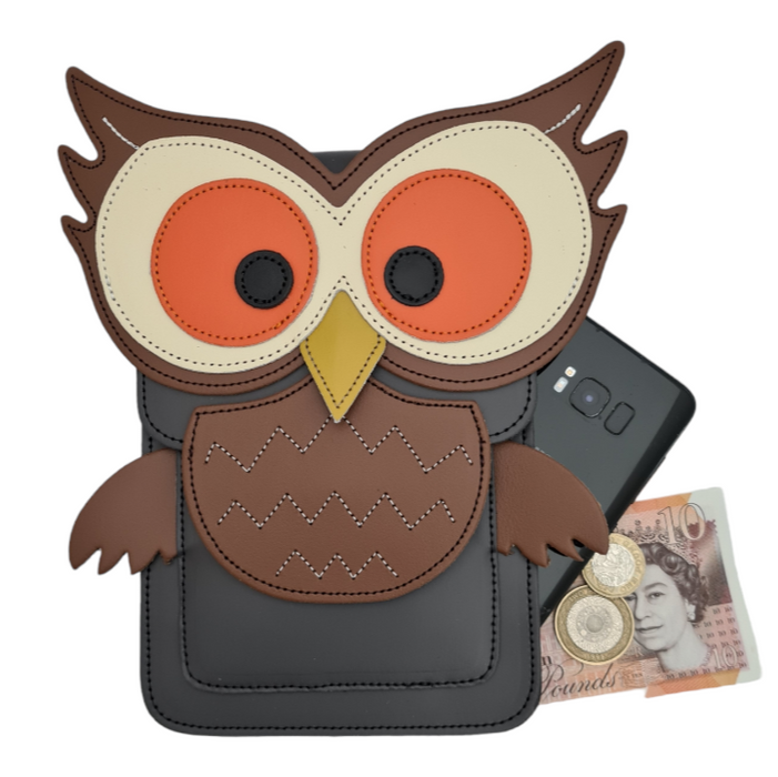 Handmade Leather Mobile Phone Pouch Plus - Hoot Owl - Graphite-1