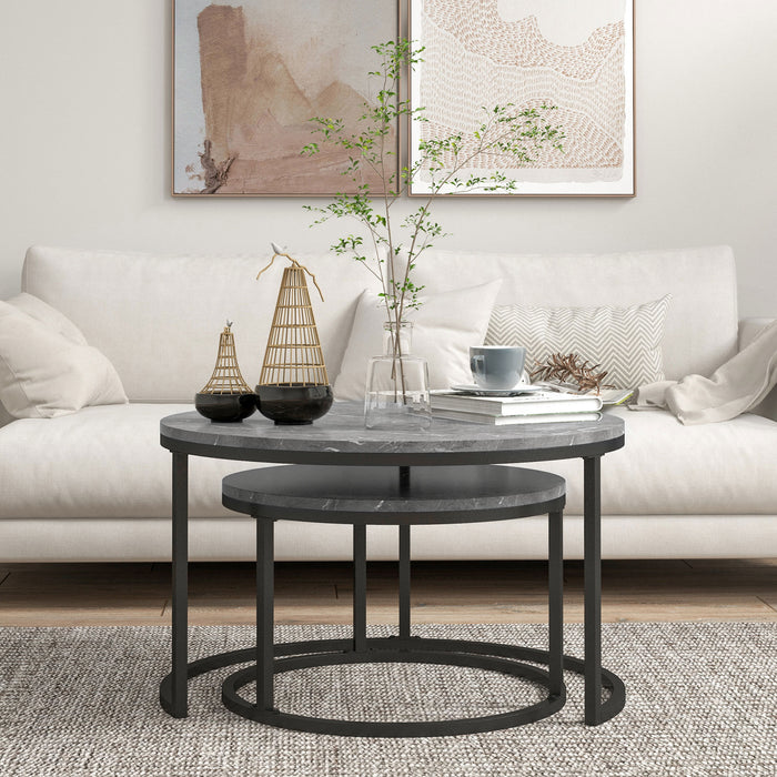 HOMCOM Industrial Nesting Coffee Table Set of 2, Round Coffee Tables, Living Room Table with Faux Marbled Top and Steel Frame