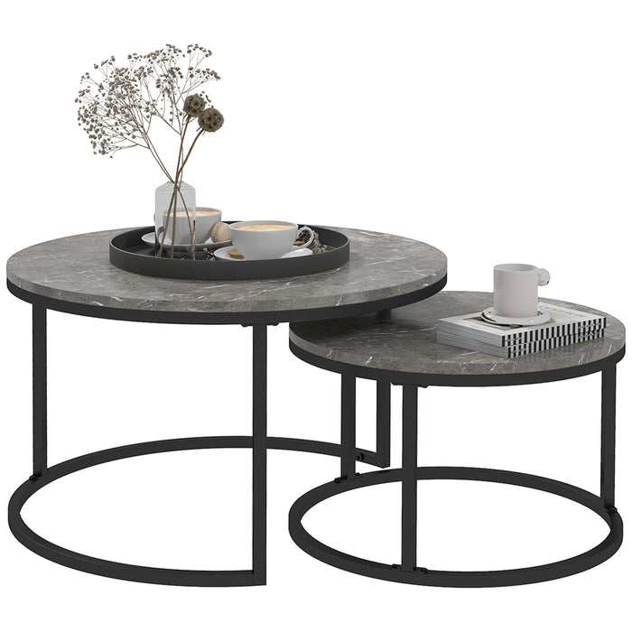 HOMCOM Industrial Nesting Coffee Table Set of 2, Round Coffee Tables, Living Room Table with Faux Marbled Top and Steel Frame