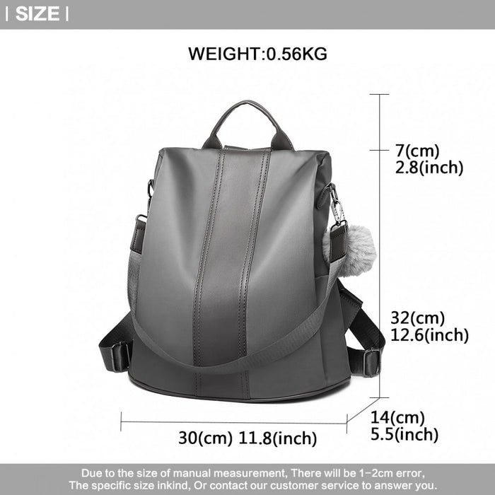 Lg1903 - Miss Lulu Two Way Backpack Shoulder Bag With Pom Pom Pendant - Grey - Image 5