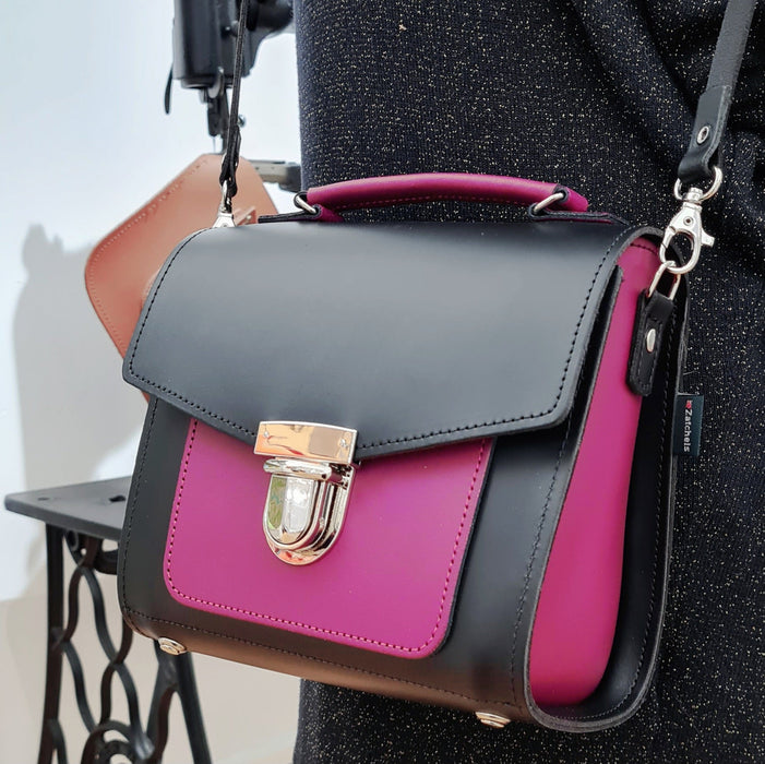 Handmade Leather Two Tone Sugarcube Handbag Black - Magenta-4