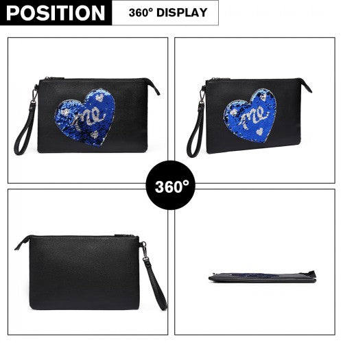 Lt6822l-miss Lulu Pu Leather Sequin Heart Me Clutch Bag Black