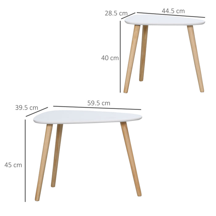 HOMCOM Lot de 2 tables d'appoint modernes, tables gigognes triangulaires, table d'appoint avec pieds en bois massif, pour salon, chambre à coucher, blanc