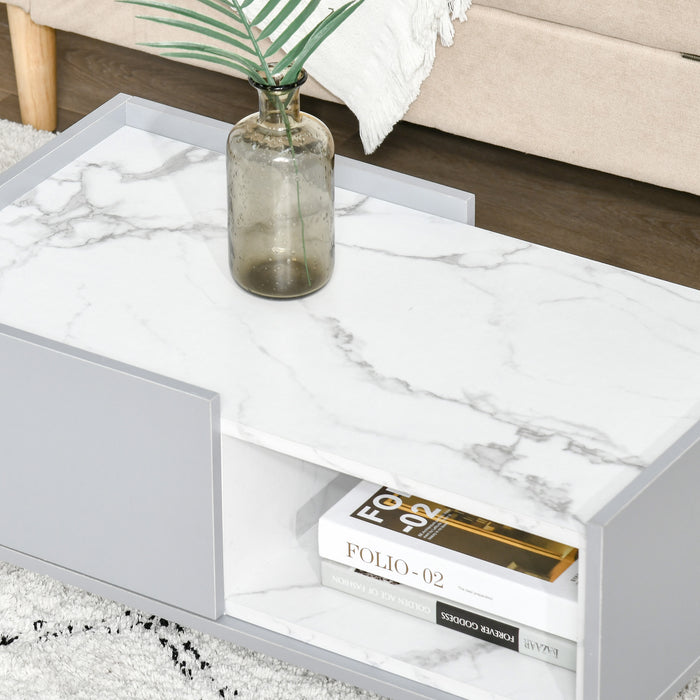 HOMCOM Two-Tone Coffee Table | Duo Storage Side Storage Furniture | Modern Marble Effect w/ Shelf Drawer Table Top Wood Legs Grey - White