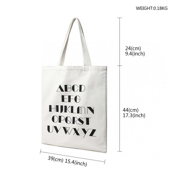E2006 - Kono Canvas Alphabet Shopper Tote Bag - Natural/white