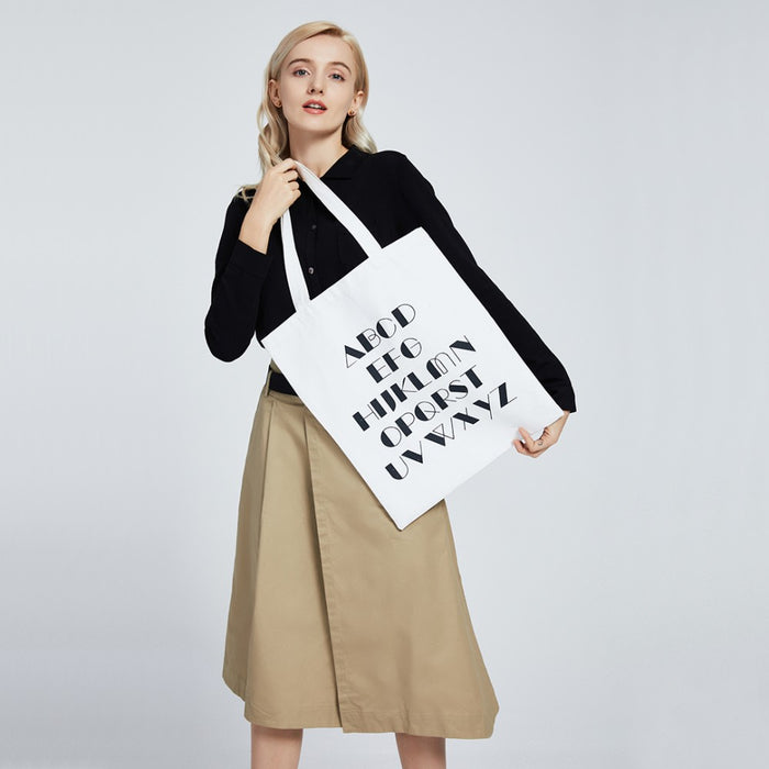 E2006 - Kono Canvas Alphabet Shopper Tote Bag - Natural/white