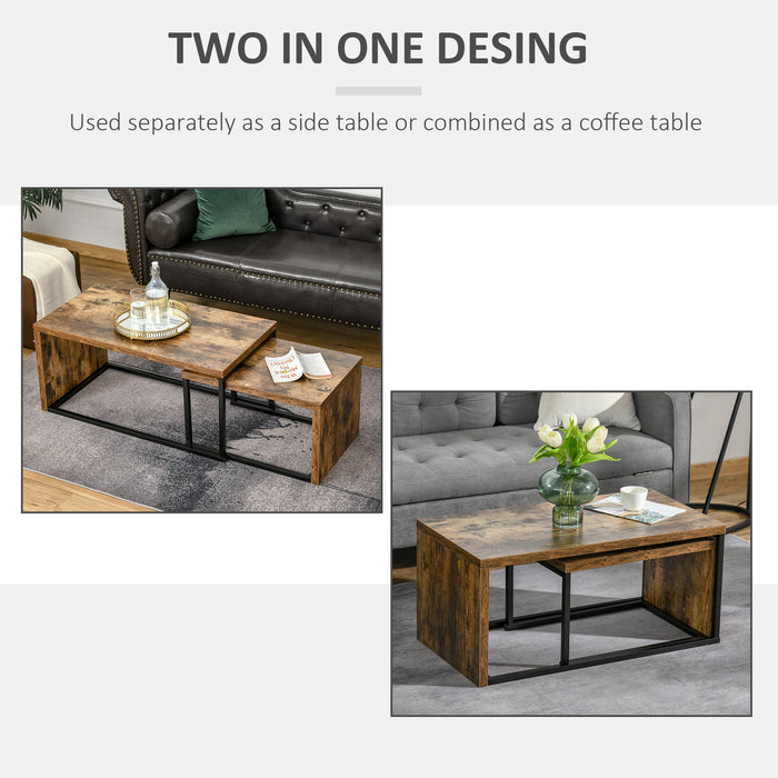 HOMCOM Set of 2 Coffee Tables Industrial Style Tea Table, Side Table w/ Metal Frame for Living Room Bedroom Black & Brown