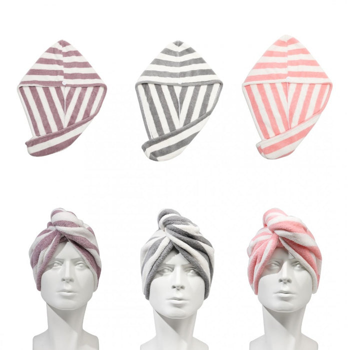 Hair Turban-2 - Serviette pour cheveux absorbante en microfibre à rayures grossières avec bouton - Paquet de 3 pièces