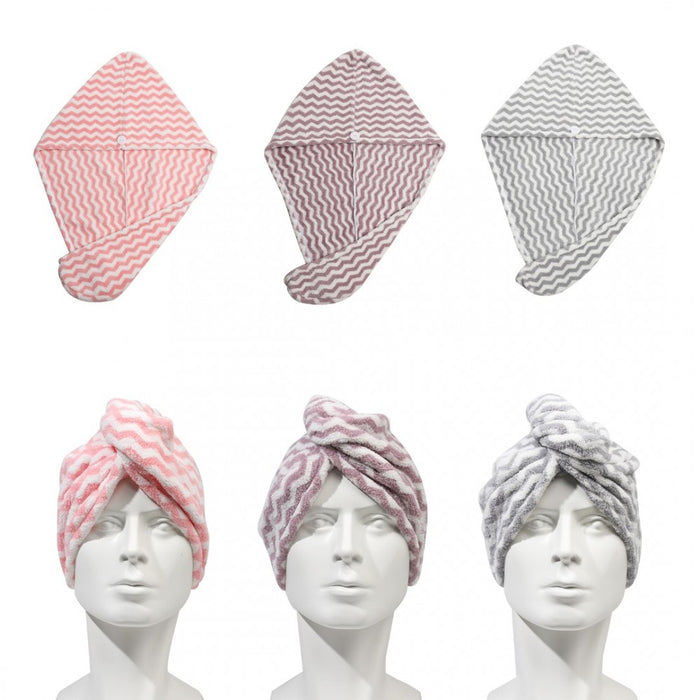 Hair Turban-3 - Serviette à cheveux absorbante en microfibre à motif ondulé avec bouton - Paquet de 3 pièces