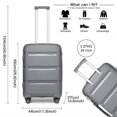 K2092 - Kono 24 Inch Bright Hard Shell PP Suitcase - Classic Collection - Grey