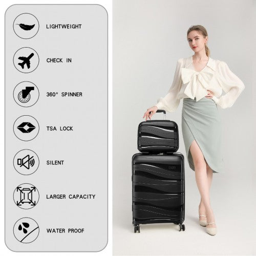 K2094L - Kono Lightweight Polypropylene Hard Shell 4 Piece Suitcase Set With TSA Lock And Vanity Case - Black