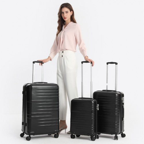 K2391L - British Traveller 3 Pcs Set Durable Polycarbonate and ABS Hard Shell Suitcase With TSA Lock - Black