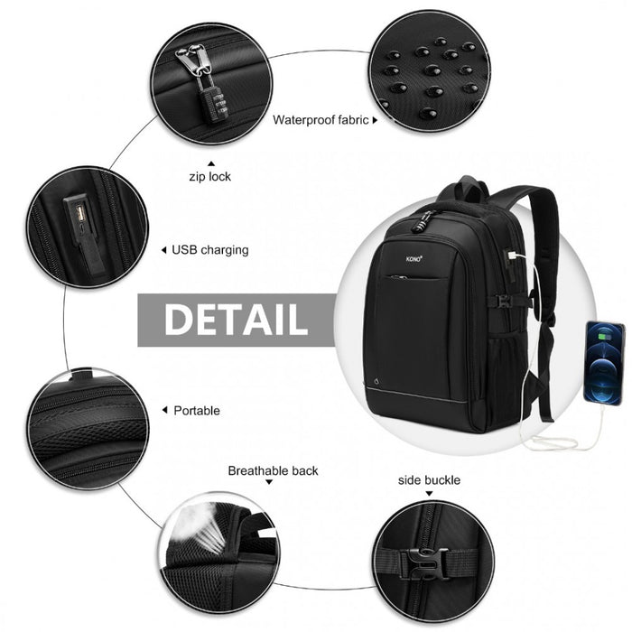 EM2130 - Kono Functional Travel Backpack With USB Charging Port - Black