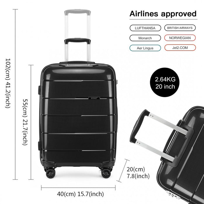 K2092 - Kono Bright Hard Shell Pp Suitcase 3 Pieces Set - Classic Collection - Black