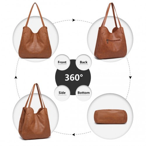 Lh2230 - Miss Lulu Soft Leather Multiple Pocket Tote Shoulder Bag - Brown