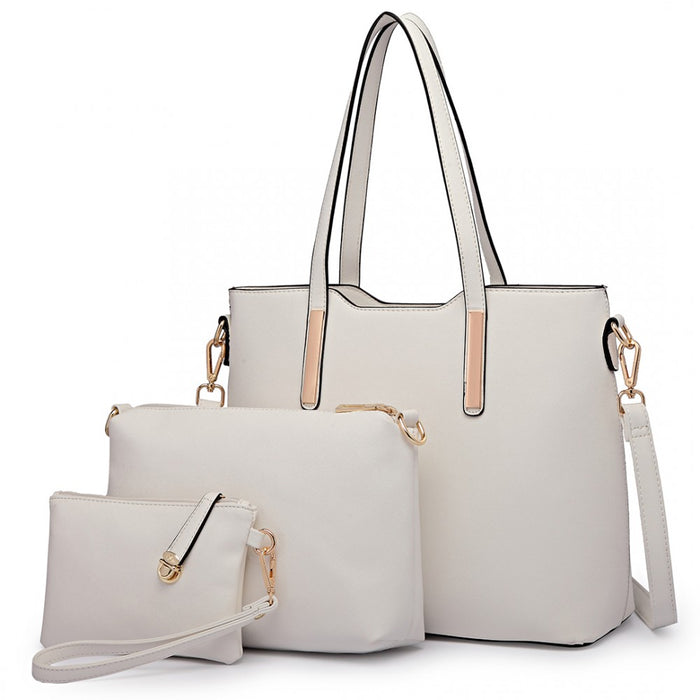Lt6648 - Miss Lulu Three Piece Tote Shoulder Bag And Clutch - White