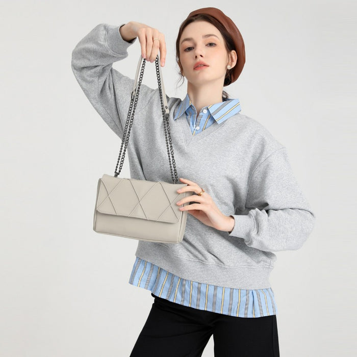 Lh2253 - Bolso de hombro con cadena y solapa Miss Lulu Rhombus - Gris