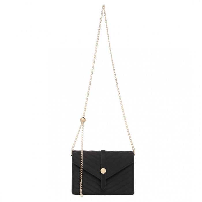 Lp2205 - Miss Lulu V-stitched Flap Leather Chain Bag - Black