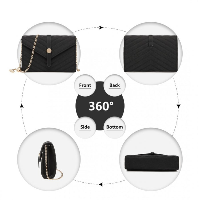 Lp2205 - Miss Lulu V-stitched Flap Leather Chain Bag - Black