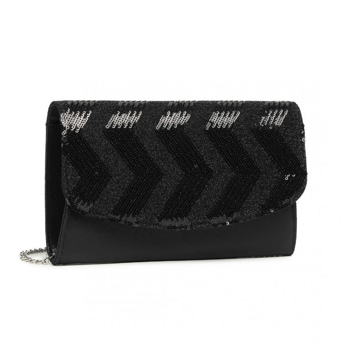 Lp2311 - Miss Lulu Gorgeous Sequins Evening Clutch Bag Chain Shoulder Bag - Black