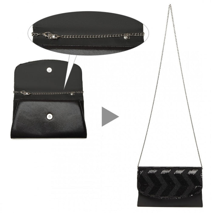 Lp2311 - Miss Lulu Gorgeous Sequins Evening Clutch Bag Chain Shoulder Bag - Black