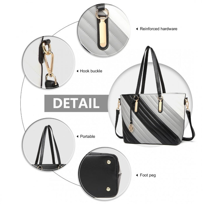 Lt2225 - Miss Lulu Contrast Colour Twill Leather Handbag Tote Bag - Black And Grey