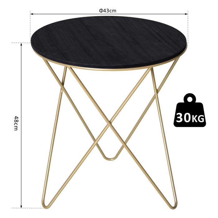 HOMCOM Wooden Metal Round Coffee Table Sofa End Side Bedside Table Modern Style Living Room Decor  - Black Gold Color (Φ43cm)