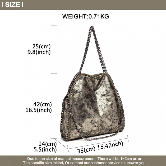 S1760 - Miss Lulu Metallic Effect Chain Tote Bag - Gold