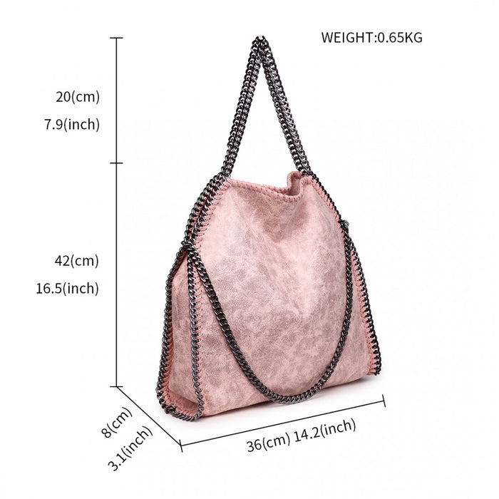 S1760 - Miss Lulu Metallic Effect Chain Tote Bag - Nude