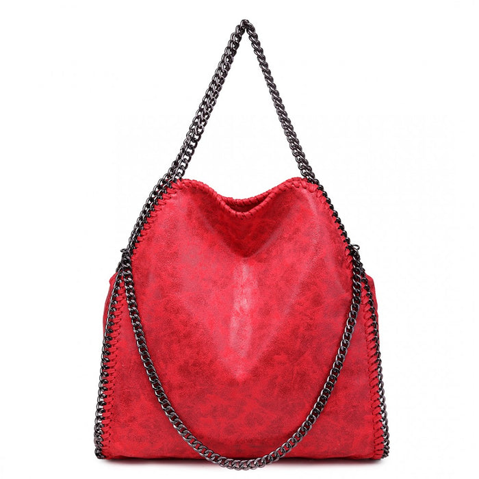 S1760 - Miss Lulu Metallic Effect Chain Tote Bag - Red