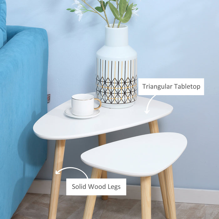 HOMCOM Lot de 2 tables d'appoint modernes, tables gigognes triangulaires, table d'appoint avec pieds en bois massif, pour salon, chambre à coucher, blanc