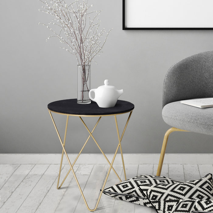 HOMCOM Wooden Metal Round Coffee Table Sofa End Side Bedside Table Modern Style Living Room Decor  - Black Gold Color (Φ43cm)