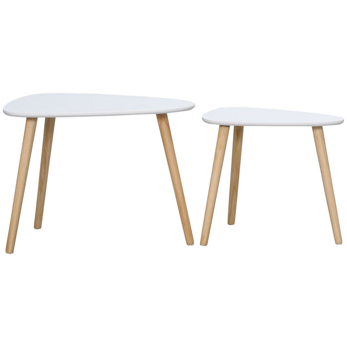 HOMCOM Lot de 2 tables d'appoint modernes, tables gigognes triangulaires, table d'appoint avec pieds en bois massif, pour salon, chambre à coucher, blanc