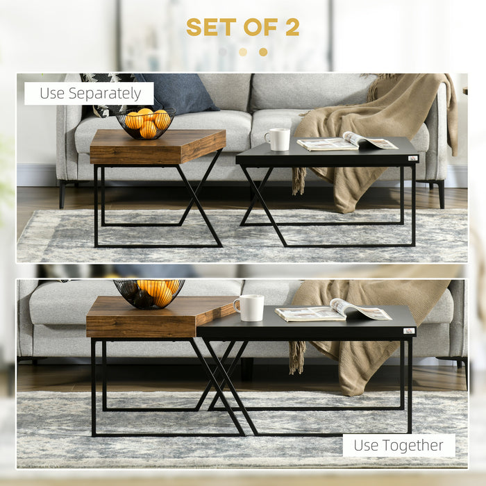 HOMCOM Coffee Table Set of 2, Geometric Coffee Table with Spacious Legroom, Steel Frame and Thick Tabletop, Industrial Coffee Tables